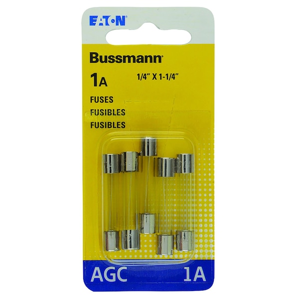 Eaton Bussmann Glass Fuse, AGC Series, Fast-Acting, 1A, 250V AC, 10kA at 125V AC, 35A at 250V AC, 5 PK BP/AGC-1-RP - main